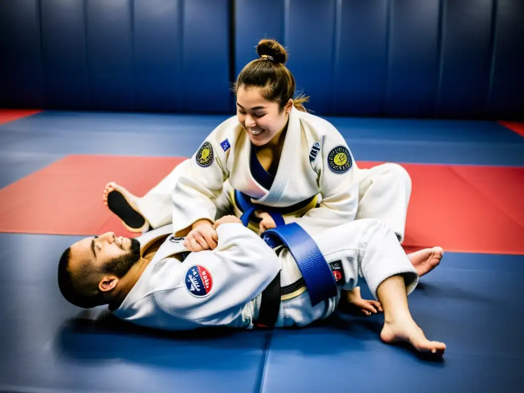 Grupo diverso practica Jiu Jitsu adaptado, mostrando determinación y superación