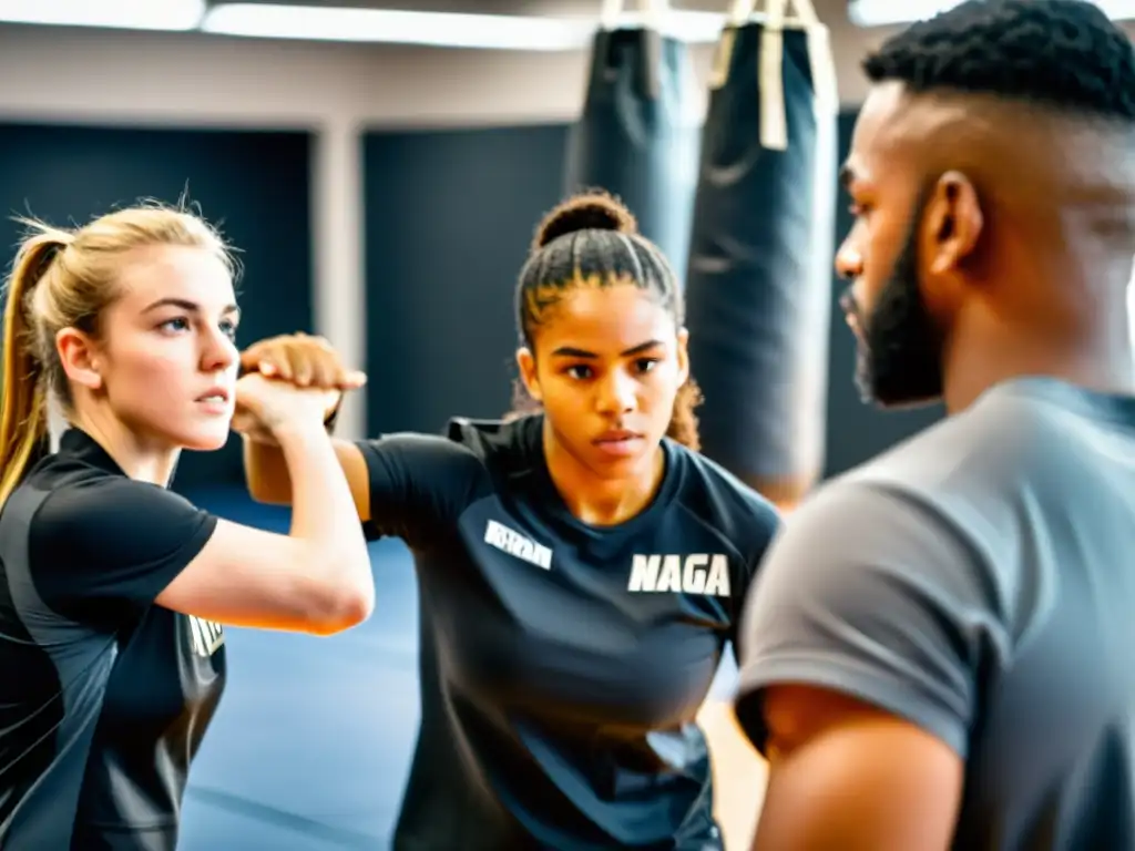 Grupo diverso de adolescentes practicando Krav Magá con determinación en un gimnasio, guiados por un instructor experimentado