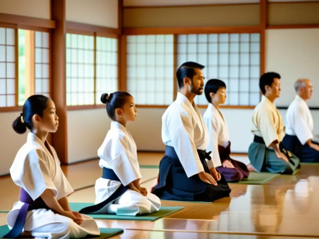 Grupo diverso practica Aikido con precisión y unidad en un dojo luminoso, transmitiendo inclusión y respeto en Aikido