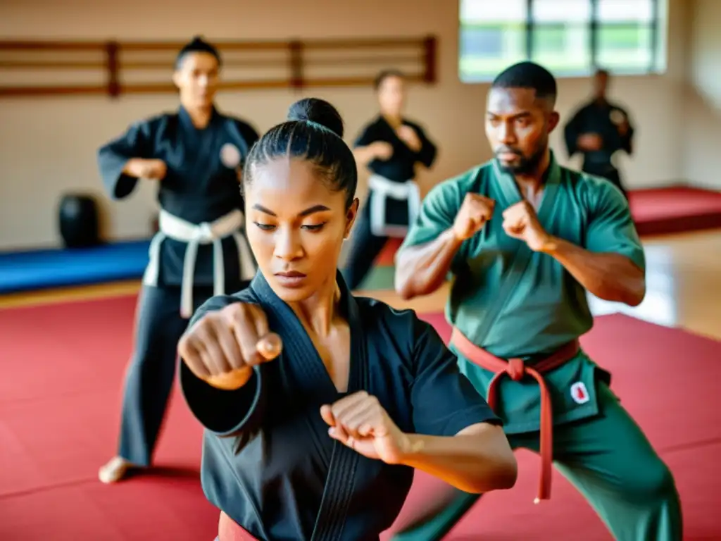 Un grupo diverso practica artes marciales para reducir violencia, mostrando determinación y unidad en un cálido centro comunitario