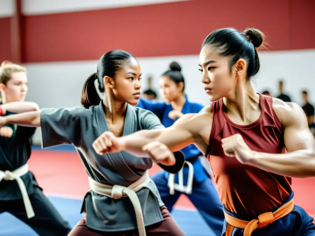 Grupo diverso practicando artes marciales con inclusión y expansión, en un estudio espacioso y luminoso