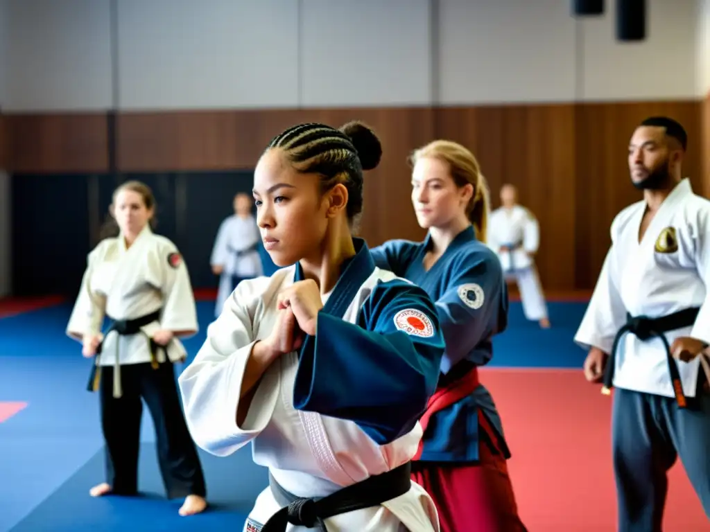 Grupo diverso practica artes marciales, mostrando fortaleza y expansión de competencias en un ambiente inclusivo y motivador