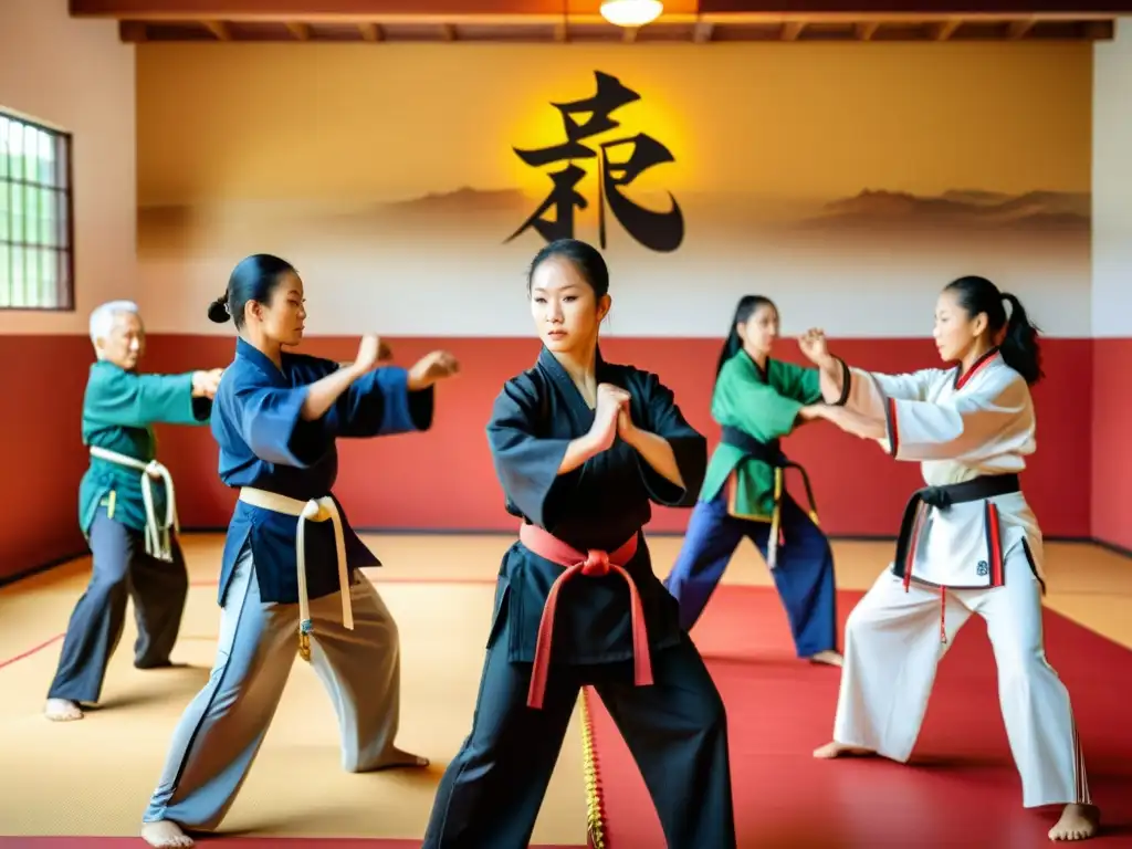 Grupo diverso practica artes marciales en centro comunitario, reflejando el impacto cultural de las artes marciales