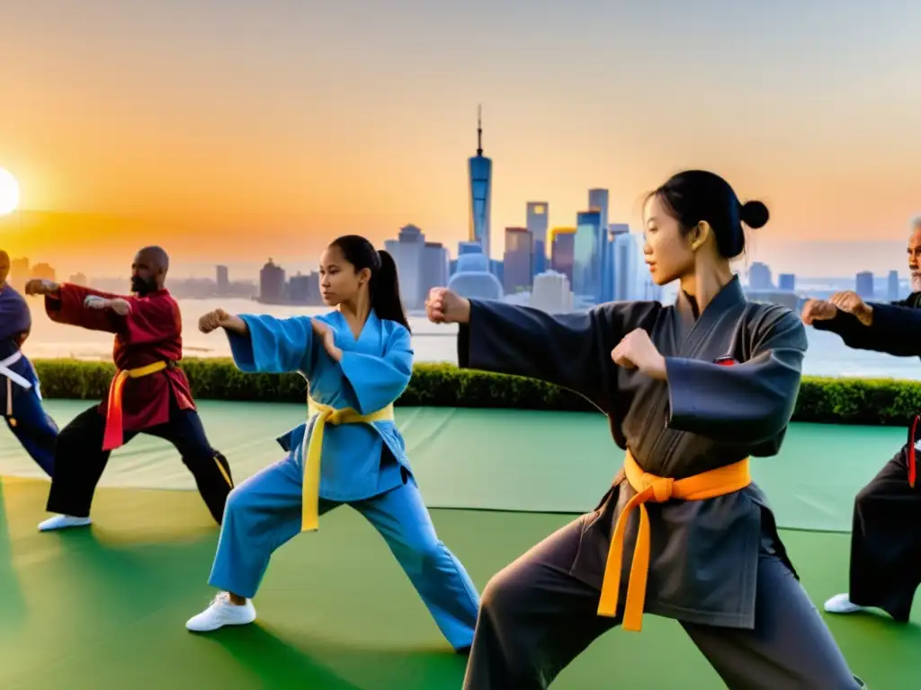 Un grupo diverso practica artes marciales al atardecer en la ciudad, mostrando el impacto cultural de las artes marciales