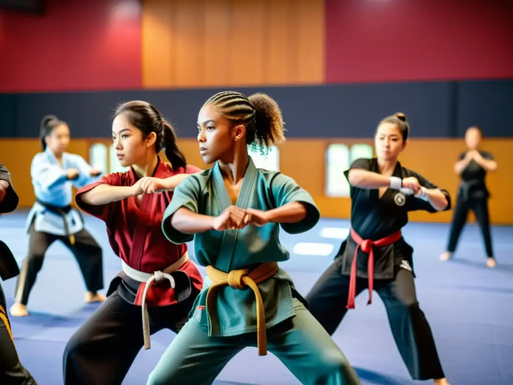 Grupo diverso practica artes marciales en gimnasio moderno