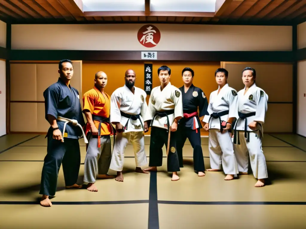 Un grupo diverso de artistas marciales practica en un dojo tradicional, reflejando la diversidad cultural en artes marciales