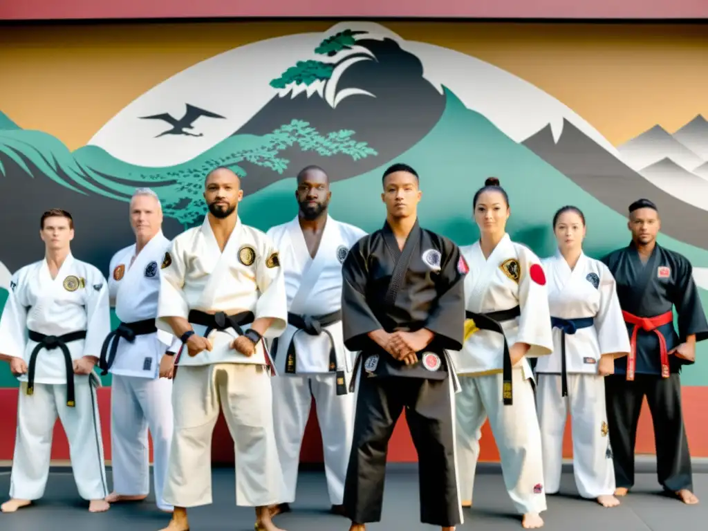 Grupo diverso de artistas marciales frente a mural de unidad, representando la historia y el impacto cultural de las artes marciales