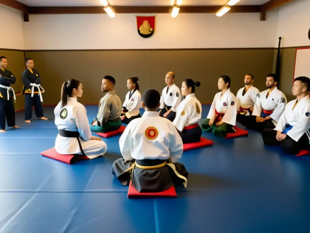 Un grupo diverso de artistas marciales se reúne en un dojo espacioso y bien iluminado, escuchando atentamente a un representante de la federación hablar sobre el desarrollo de competencias en las artes marciales