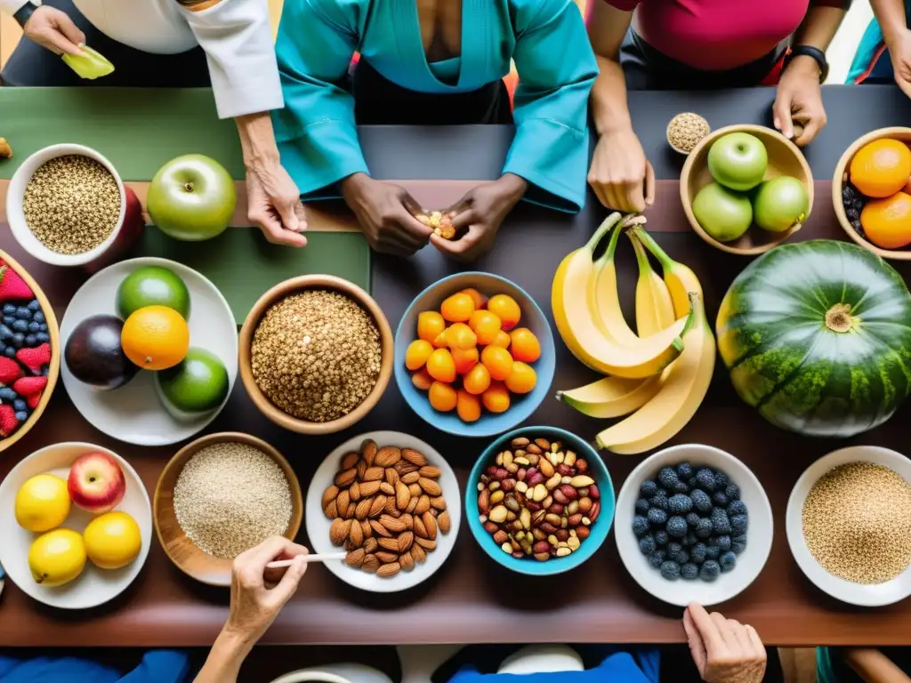 Un grupo diverso de artistas marciales se reúne alrededor de una mesa llena de alimentos coloridos y nutritivos