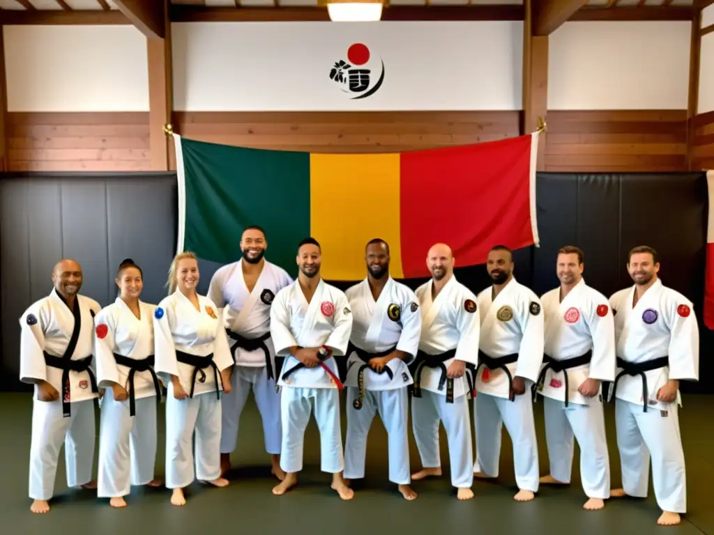 Un grupo diverso de artistas marciales de diferentes culturas y etnias se reúnen en un dojo, mostrando respeto y unidad