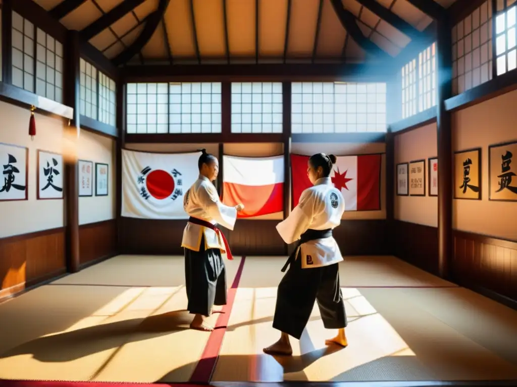 Un grupo diverso de artistas marciales de diferentes países intercambian técnicas y tradiciones en un dojo tradicional