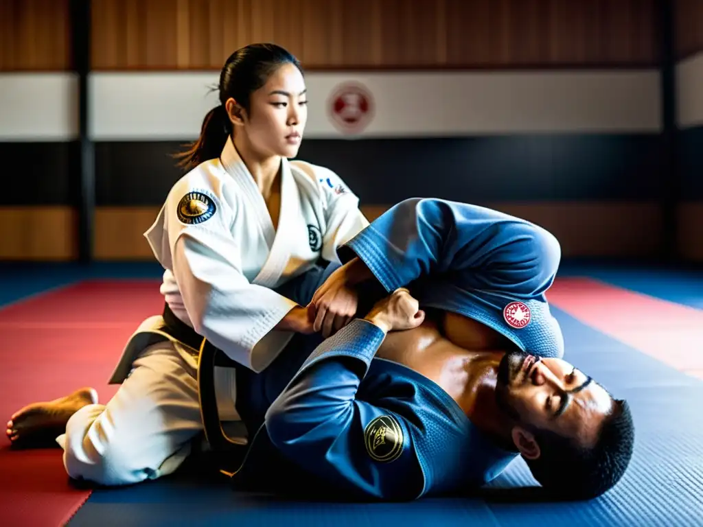 Un grupo diverso de artistas marciales practica técnicas de JiuJitsu en un dojo tradicional, mostrando intensidad y enfoque