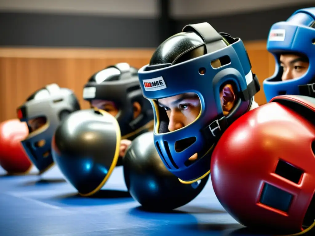 Un grupo diverso de artistas marciales concentrados en el entrenamiento, con cascos y protectores oficiales, en un dojo tradicional