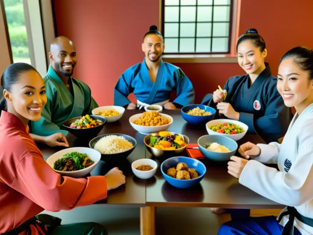 Un grupo diverso de artistas marciales disfruta de una comida balanceada y nutritiva