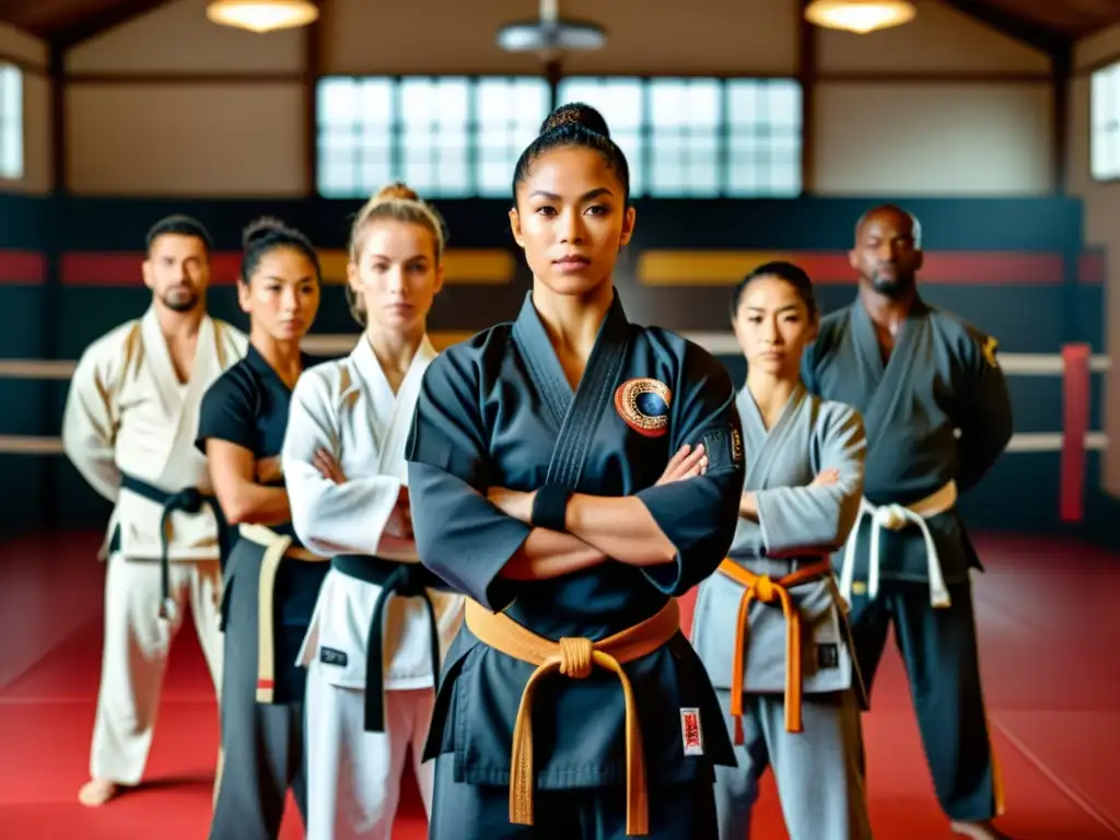 Grupo diverso de artistas marciales practicando juntos en un dojo, mostrando el impacto positivo de las artes marciales mixtas en la comunidad