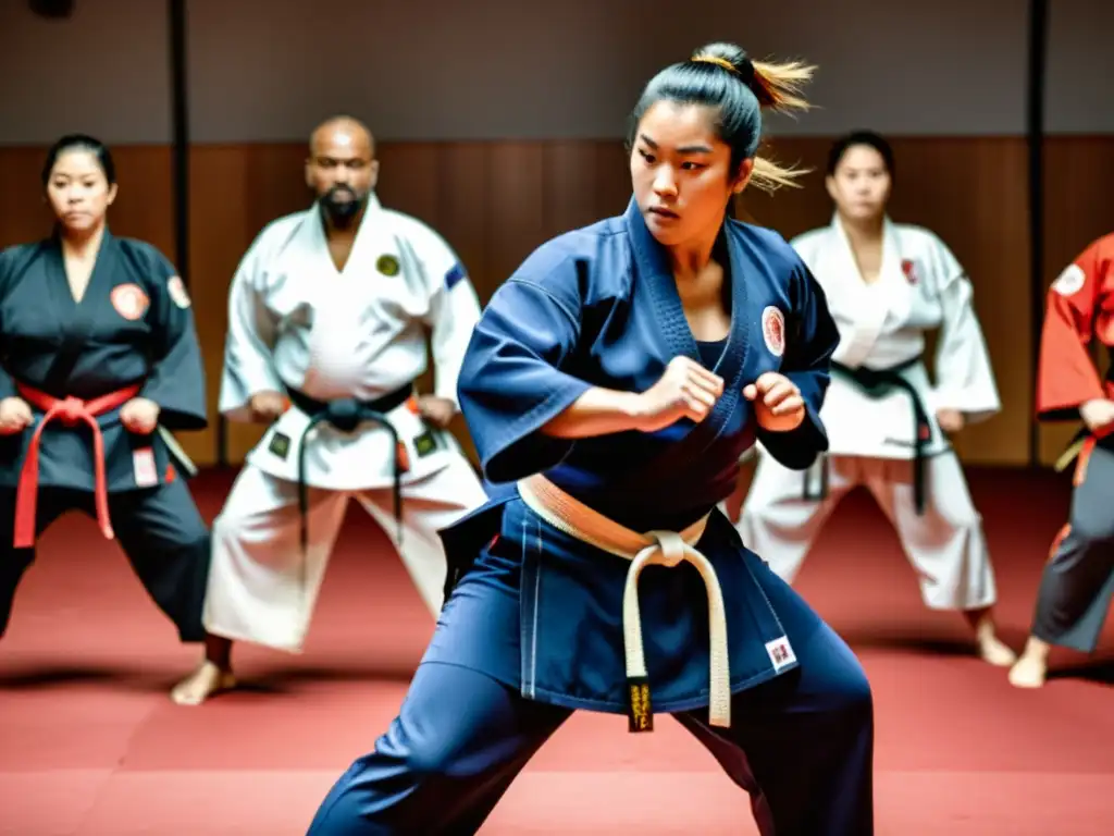 Grupo diverso de artistas marciales de distintos tamaños practicando en un dojo, resaltando la inclusión tallas grandes artes marciales