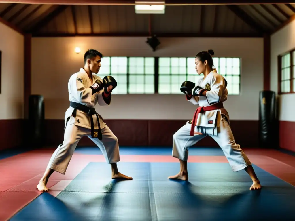 Un grupo diverso de artistas marciales practica en un dojo, mostrando la influencia de las MMA en artes marciales