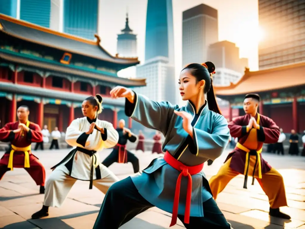 Un grupo diverso practica kung fu en una bulliciosa plaza urbana, fusionando tradición y energía moderna