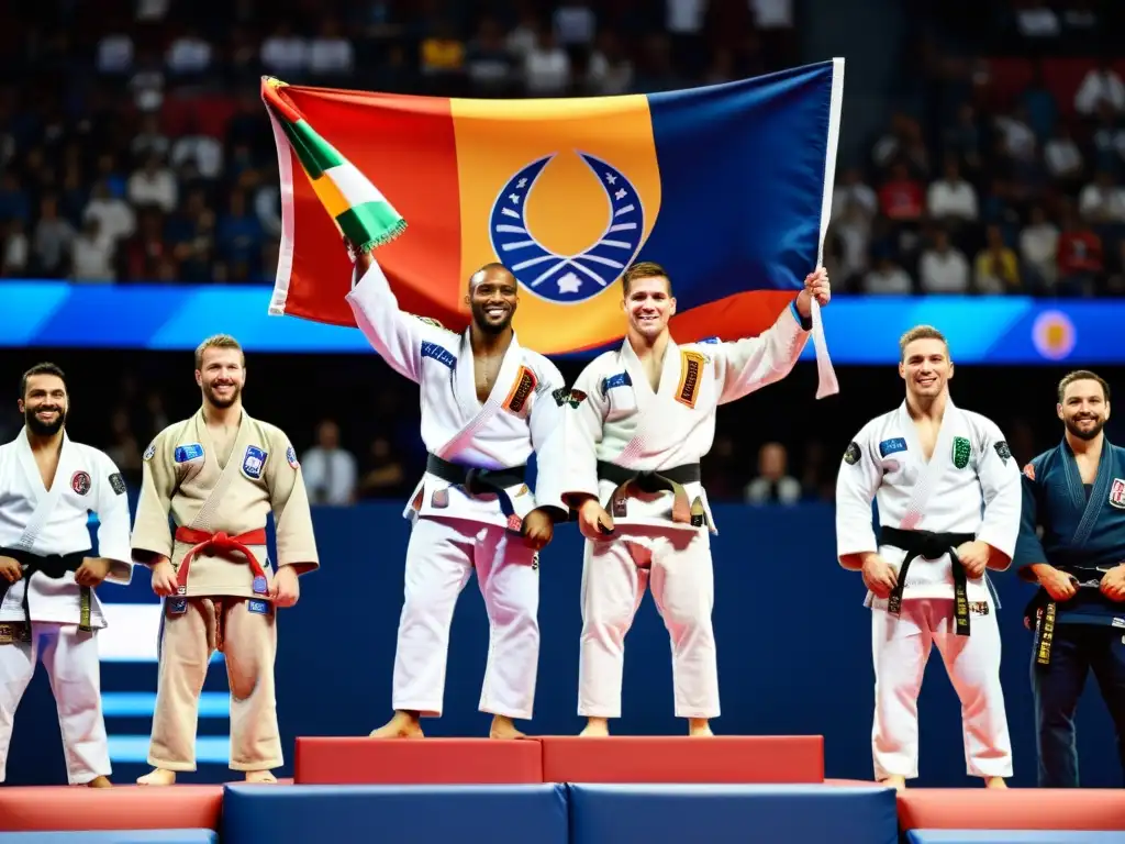 Un grupo diverso de campeones de JiuJitsu celebra su éxito en el podio, transmitiendo determinación, unidad y alegría