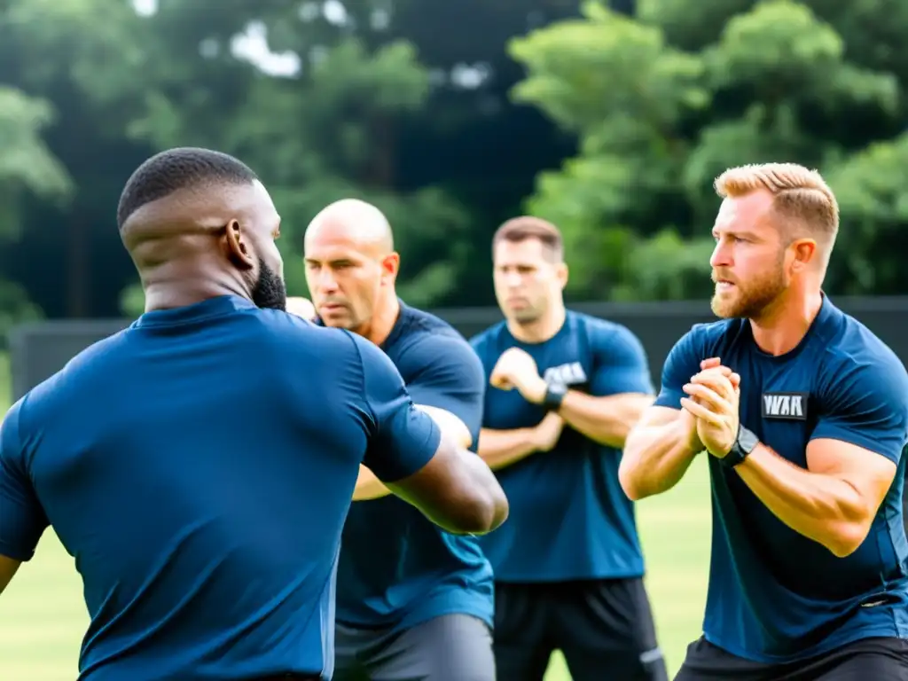 Un grupo diverso de civiles y profesionales de seguridad participa en una intensa sesión de entrenamiento de Krav Maga al aire libre, mostrando determinación y enfoque