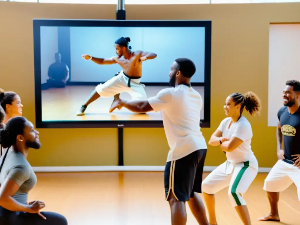 Grupo diverso participa con pasión en un curso online de capoeira afrobrasileña, fusionando tradición con tecnología moderna