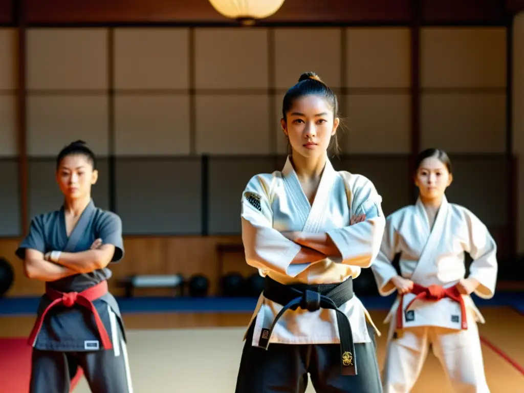 Grupo diverso en dojo practicando autodefensa para superar traumas, ambiente cálido e inclusivo