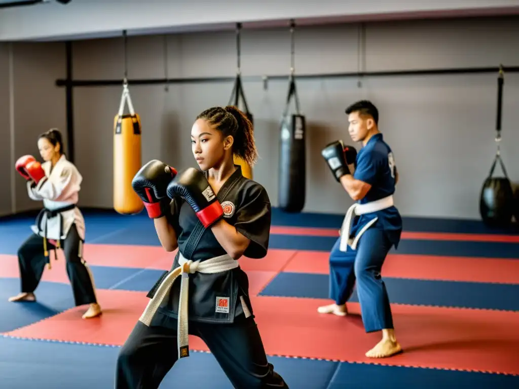 Un grupo diverso de entusiastas de las artes marciales practica con intensidad en un gimnasio amplio y luminoso, reflejando la pasión y el compromiso