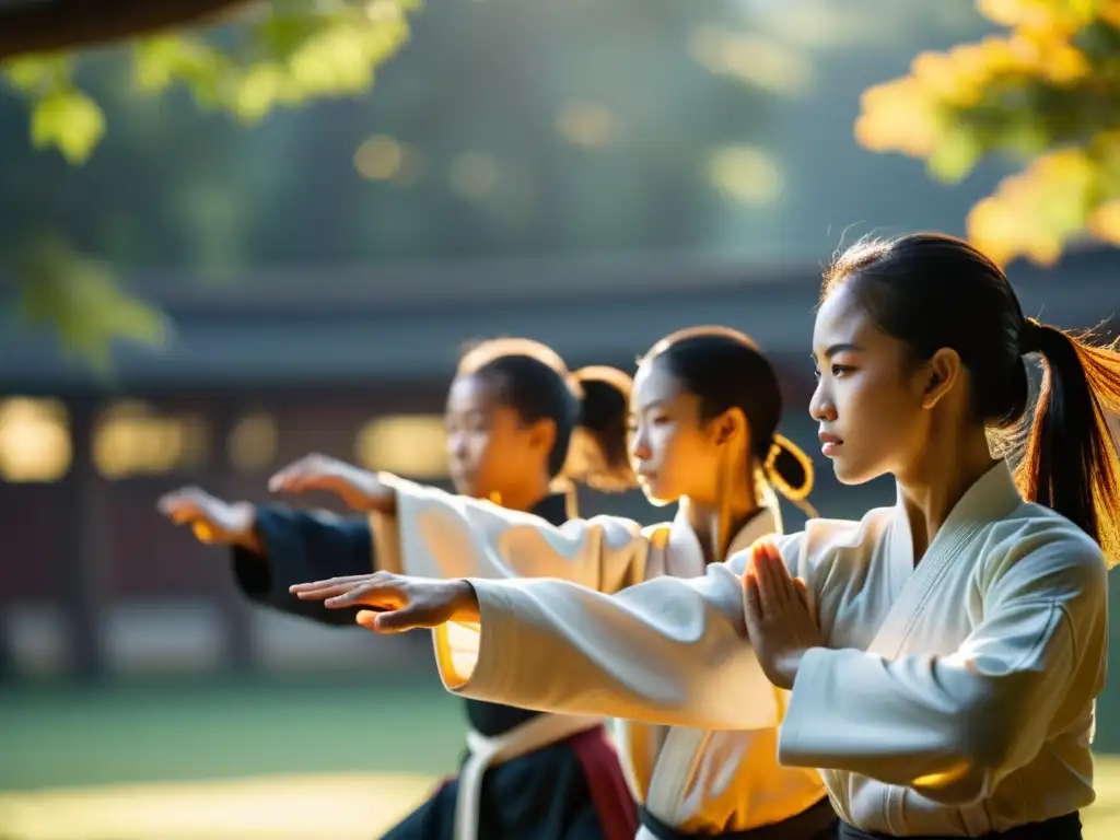 Un grupo diverso de estudiantes practica Kung Fu al aire libre, mostrando disciplina y unidad