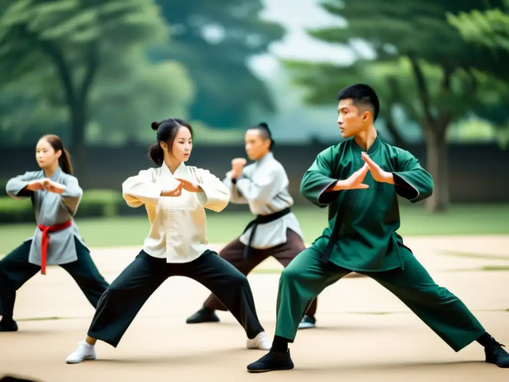 Grupo diverso de estudiantes practicando Kung Fu al aire libre, mostrando disciplina y determinación