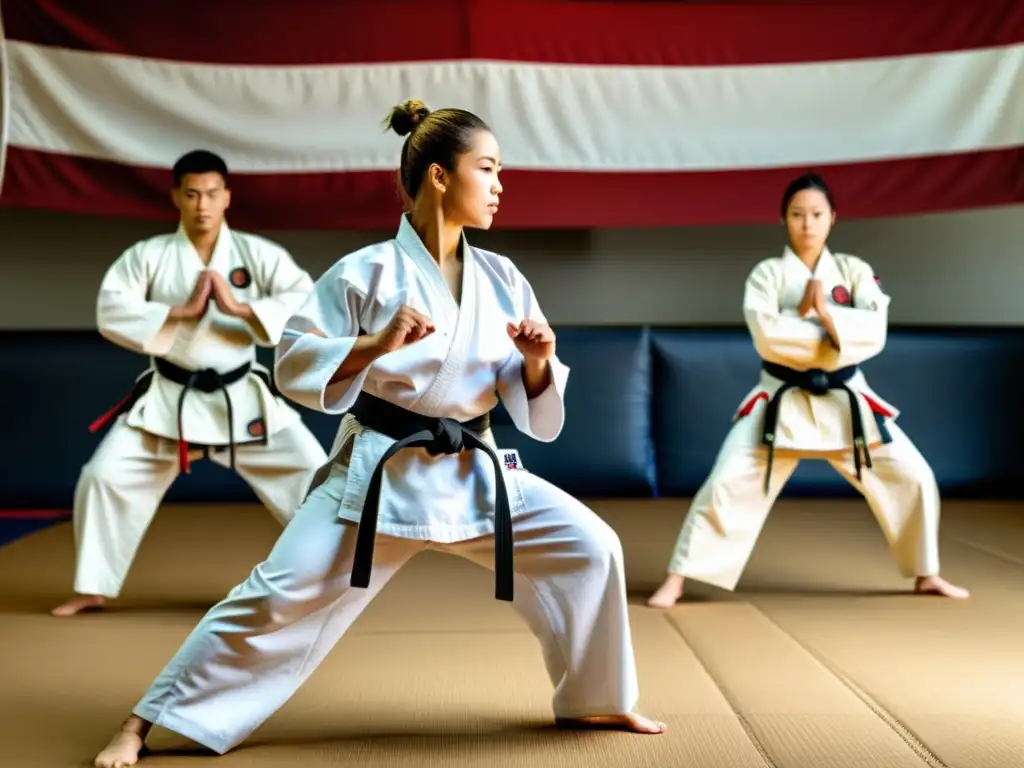 Grupo diverso de estudiantes de artes marciales practicando técnicas en un dojo tradicional