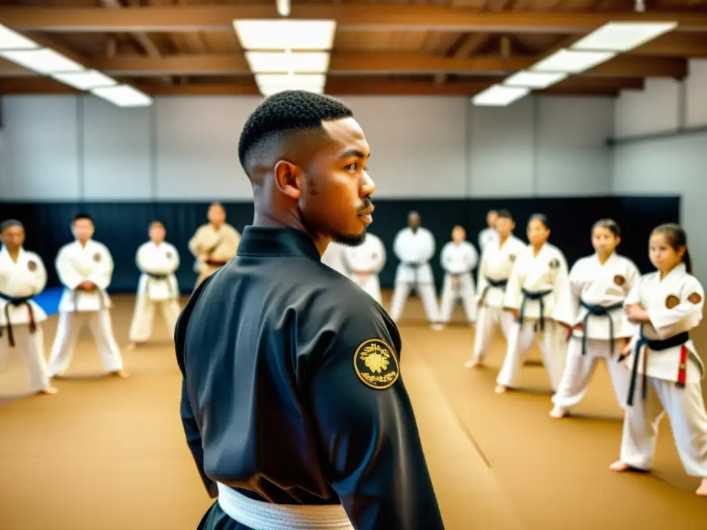 Grupo diverso de estudiantes practicando artes marciales en un dojo amplio y bien iluminado, con atmósfera serena y motivadora