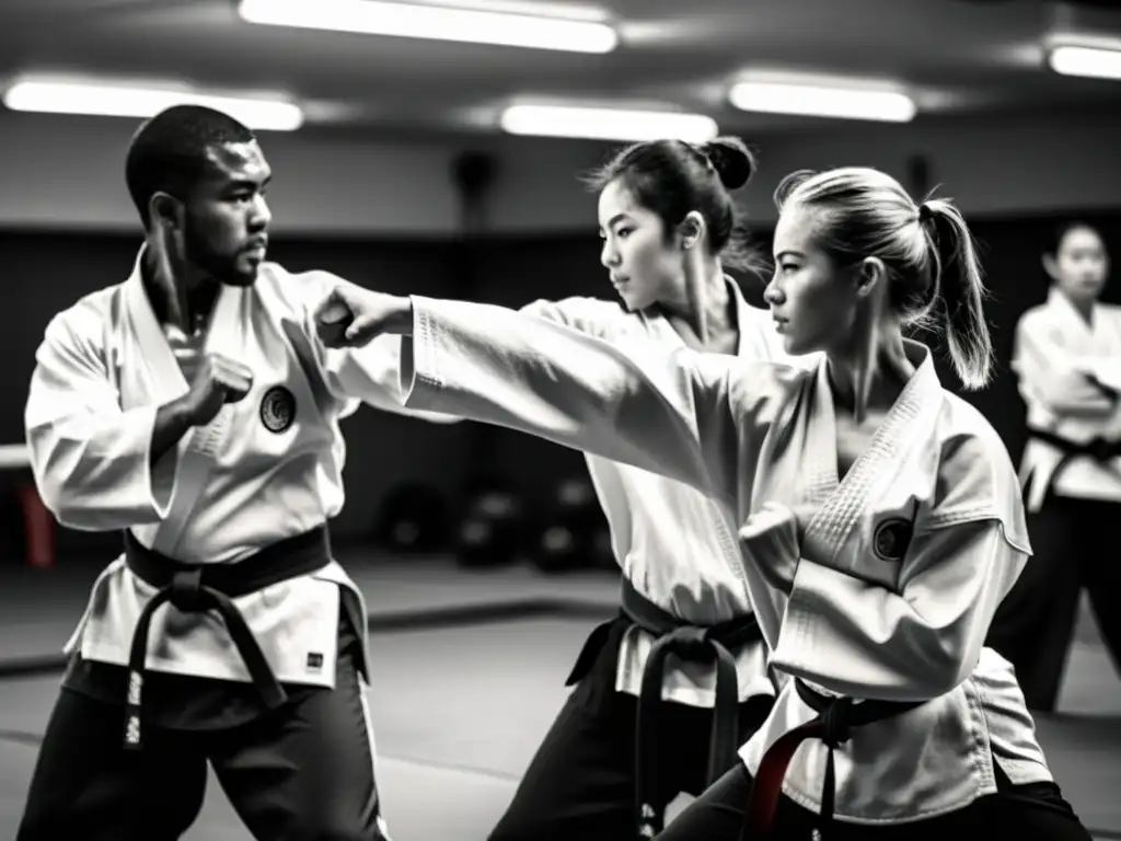 Grupo diverso de estudiantes de artes marciales practicando juntos en un dojo tradicional, promoviendo la equidad de género en artes marciales