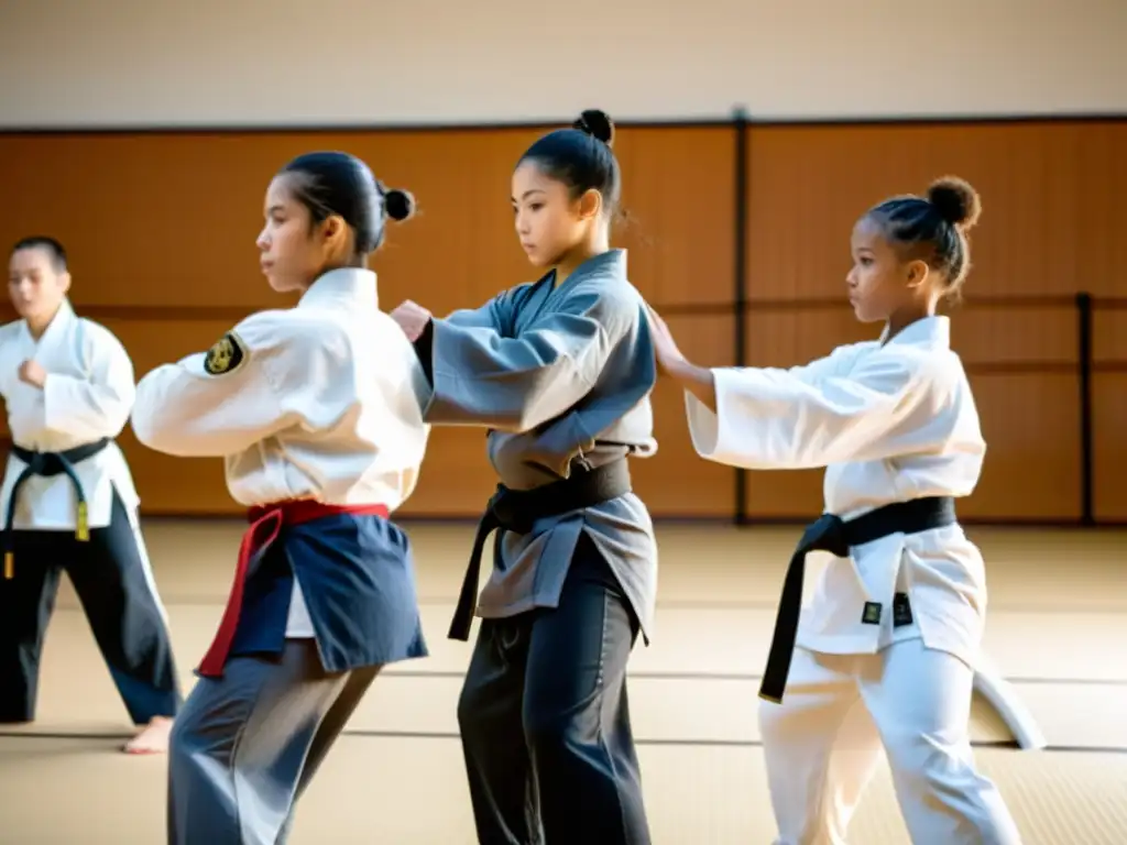Práctica inclusiva de artes marciales para todos Grupo diverso de estudiantes de artes marciales practicando juntos en un dojo espacioso y luminoso, demostrando enseñanza inclusiva de artes marciales