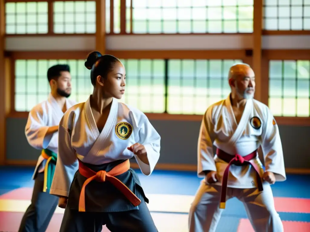 Un grupo diverso de estudiantes de artes marciales practican juntos en un dojo tradicional, mostrando sus cinturones de colores