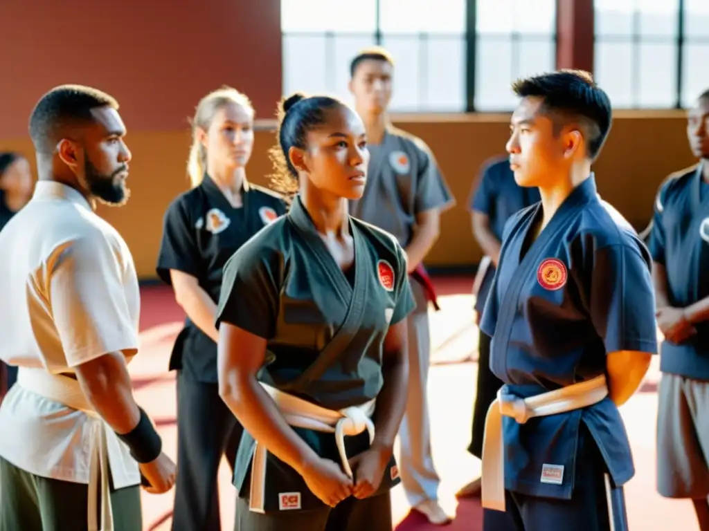 Grupo diverso de estudiantes de artes marciales en entrenamiento en un estudio soleado, reflejando la inclusión social a través de las artes marciales