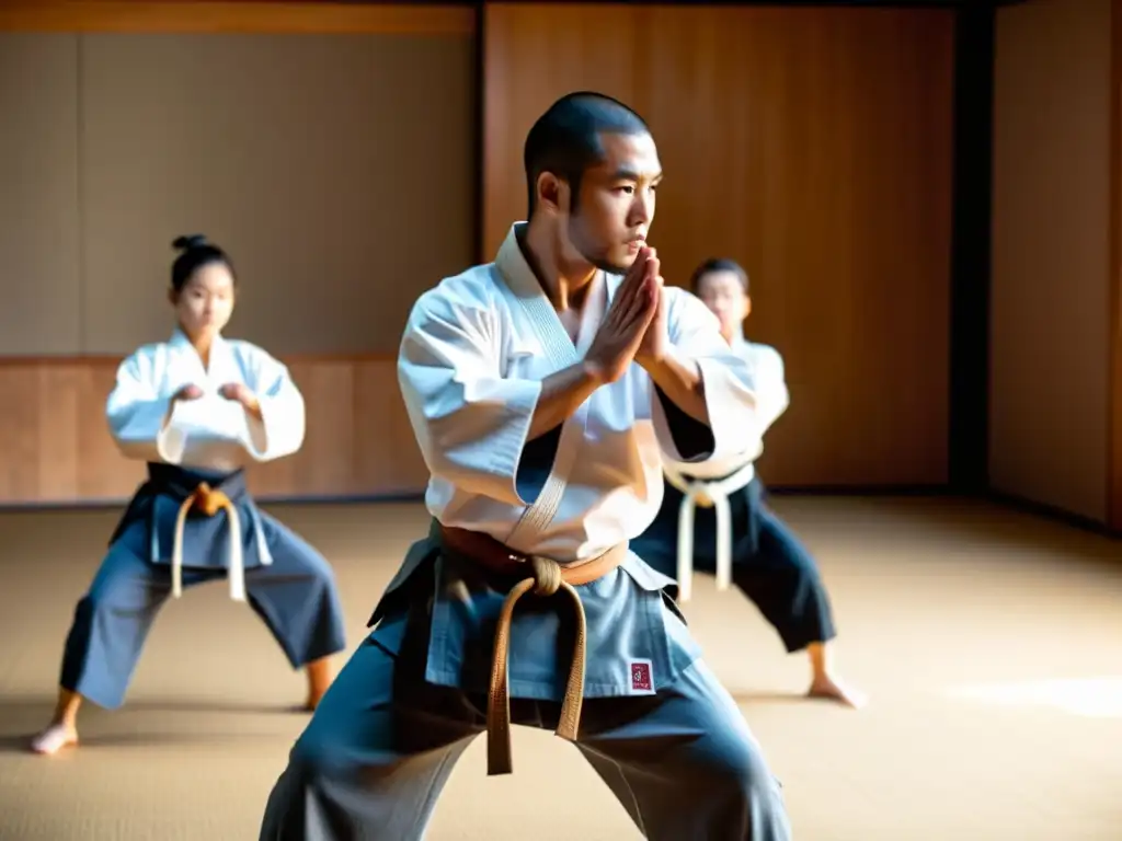 Grupo diverso de estudiantes practicando artes marciales en un dojo tradicional, mostrando determinación y disciplina