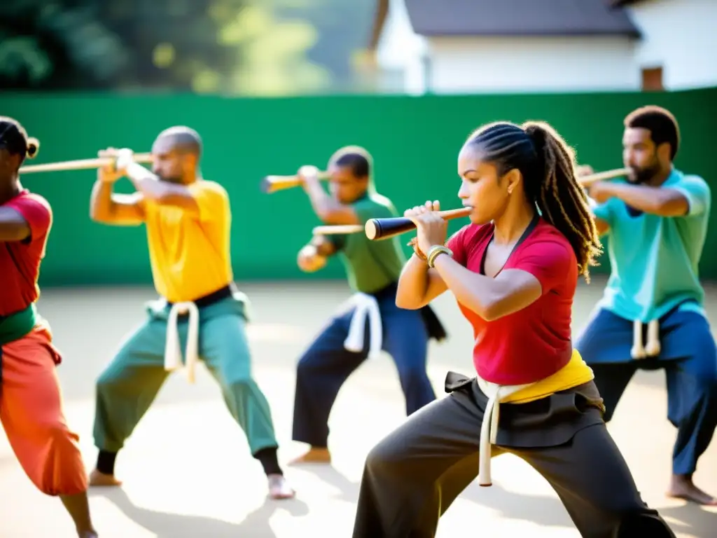 Un grupo diverso de estudiantes de capoeira practica al aire libre, con ropa colorida y instrumentos