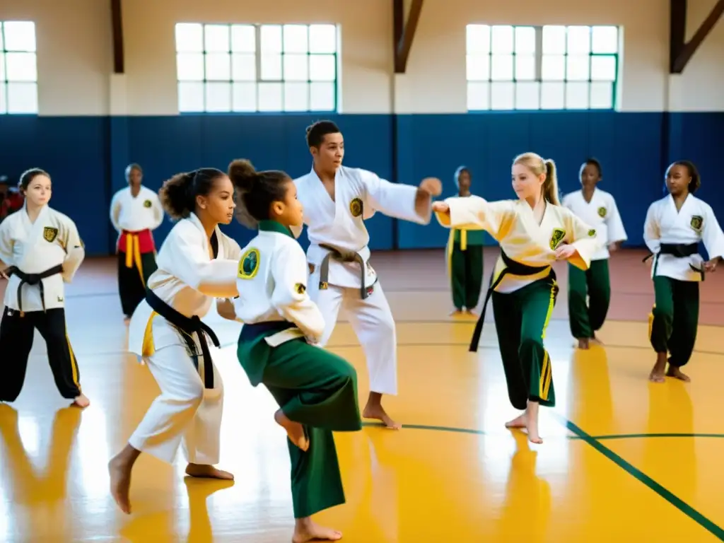 Grupo diverso de estudiantes practicando capoeira en un gimnasio escolar