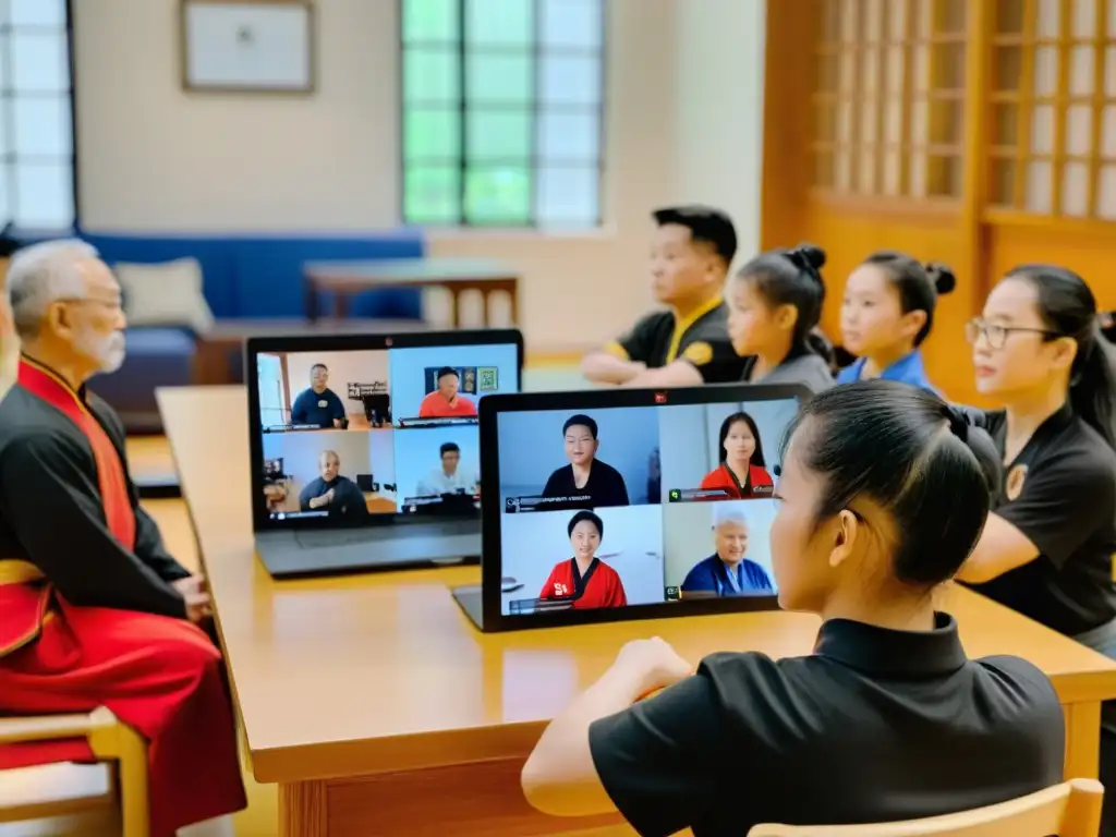 Un grupo diverso de estudiantes participa con determinación en un curso online de Kung Fu, concentrados y comprometidos con su entrenamiento virtual