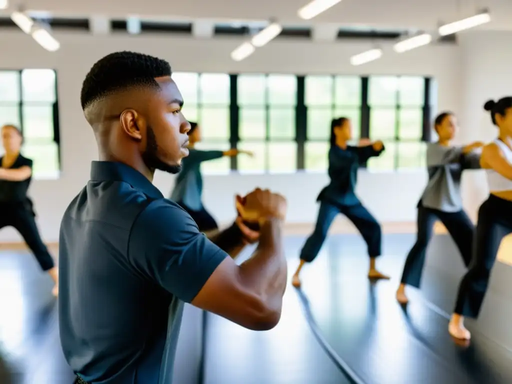 Grupo diverso de estudiantes practican con instructor a través de una app de artes marciales, destacando la precisión y fluidez de los movimientos