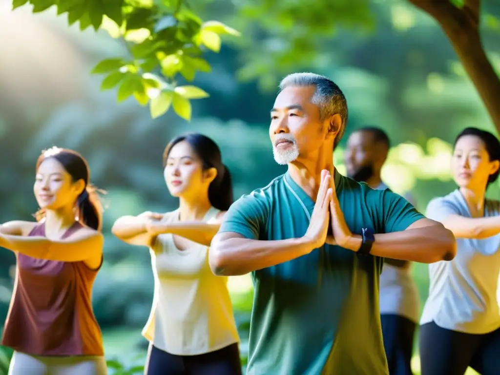 Un grupo diverso de estudiantes practica Qigong en un entorno natural sereno, irradiando vitalidad y paz