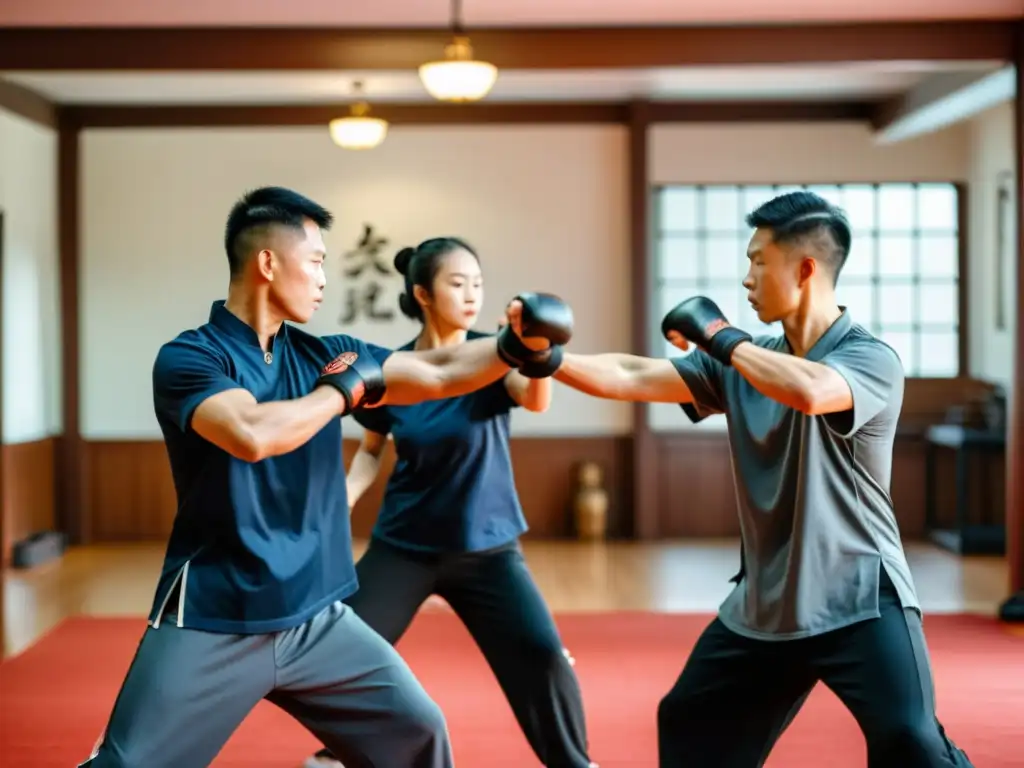 Grupo diverso de estudiantes practicando técnicas de Wing Chun en un estudio espacioso y bien iluminado, mostrando determinación y disciplina