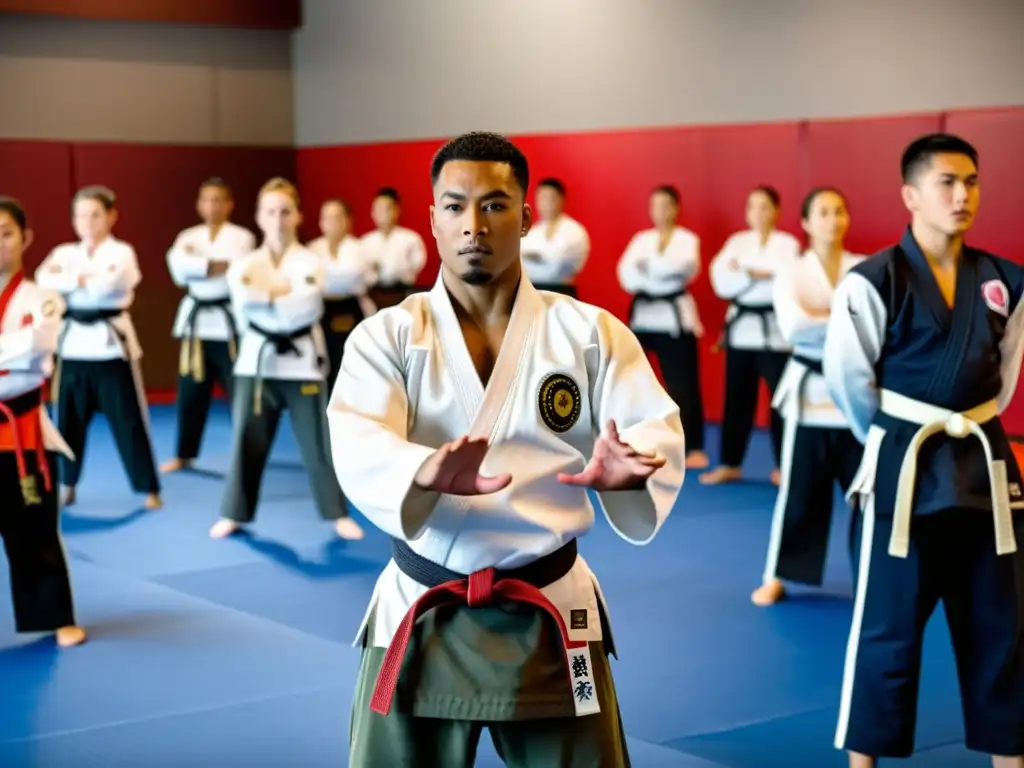 Grupo diverso de estudiantes practican técnicas de autodefensa en un dojo, con un instructor radiante de confianza