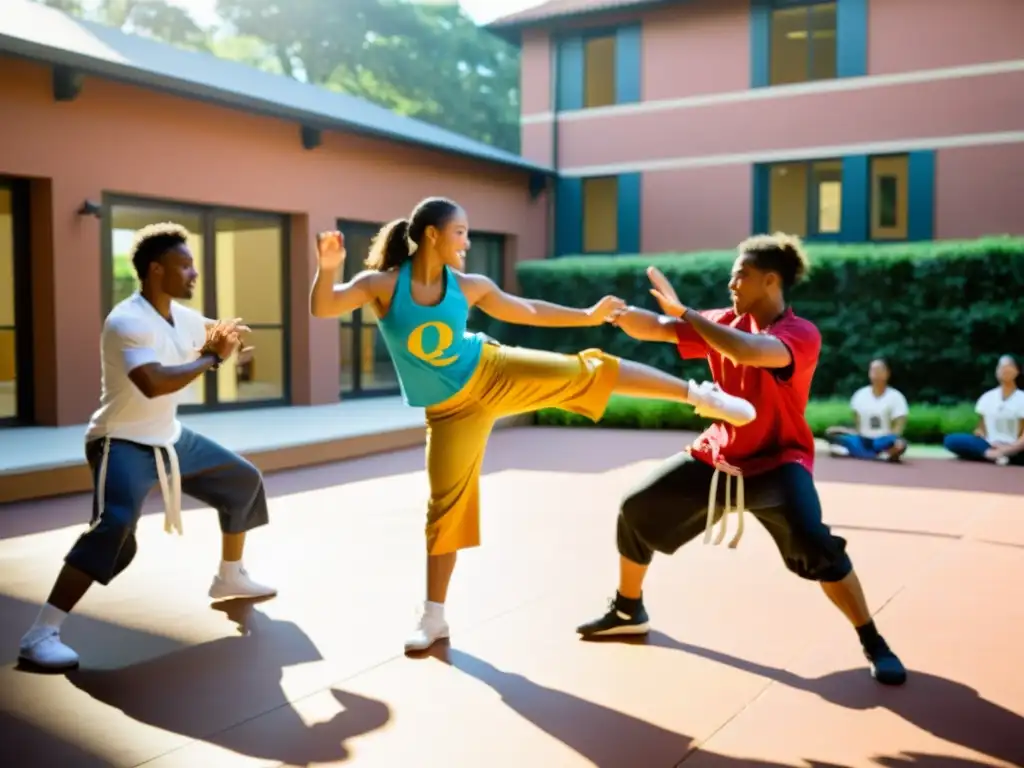 Un grupo diverso de estudiantes universitarios practica capoeira en un campus soleado