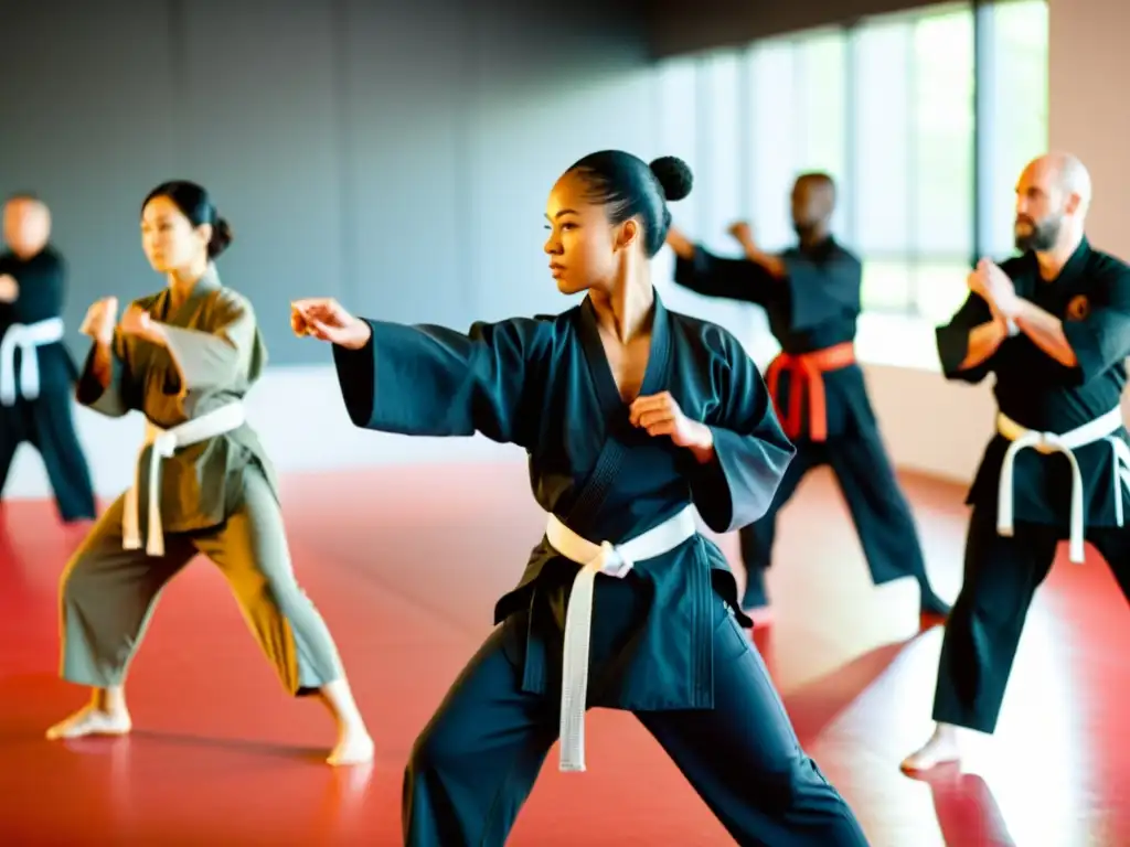 Un grupo diverso de instructores de artes marciales demuestran técnicas en un estudio amplio y bien iluminado