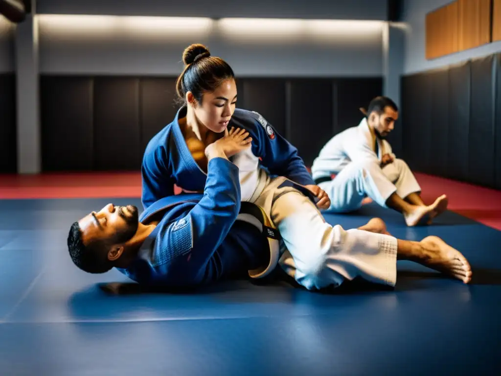 Grupo diverso practicando jiu jitsu en un gimnasio moderno, reflejando intensidad y dedicación