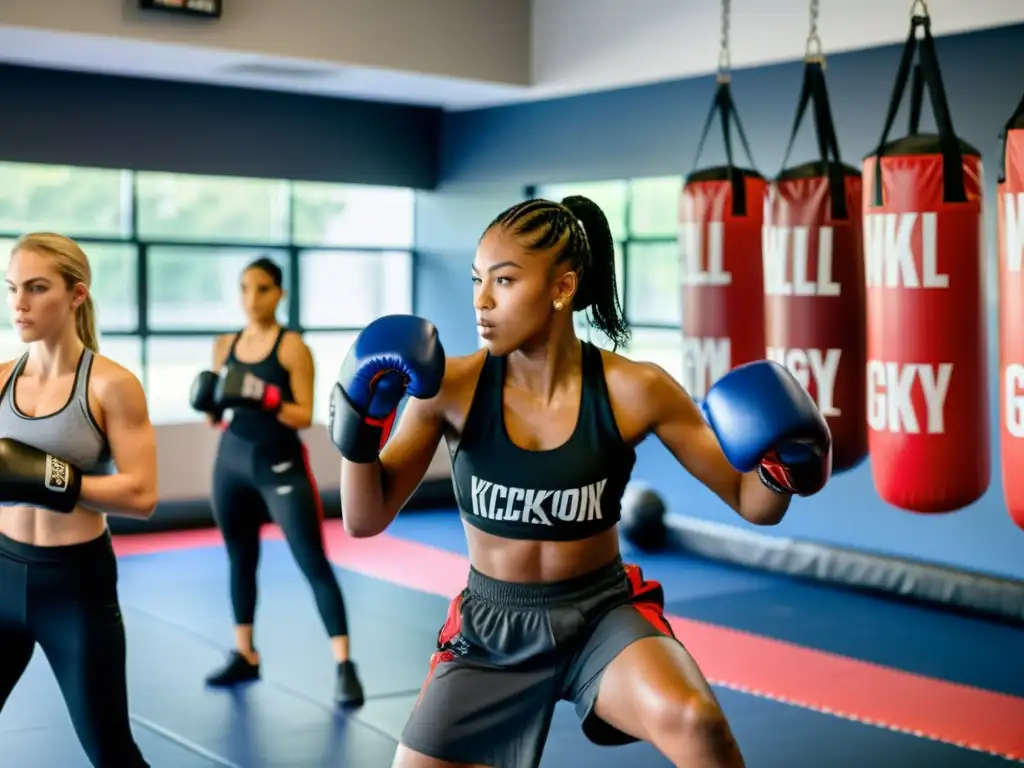 Grupo diverso de jóvenes practicando kickboxing en un gimnasio iluminado, reflejando camaradería y empoderamiento