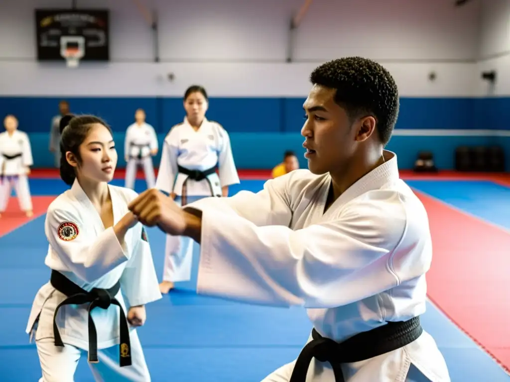 Un grupo diverso practica taekwondo juntos en un gimnasio iluminado