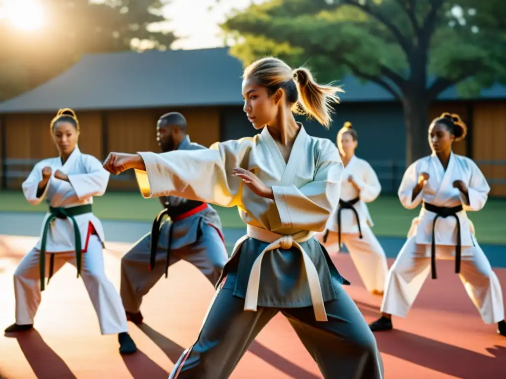 Grupo diverso practicando karate al atardecer en el parque, mostrando camaradería y determinación