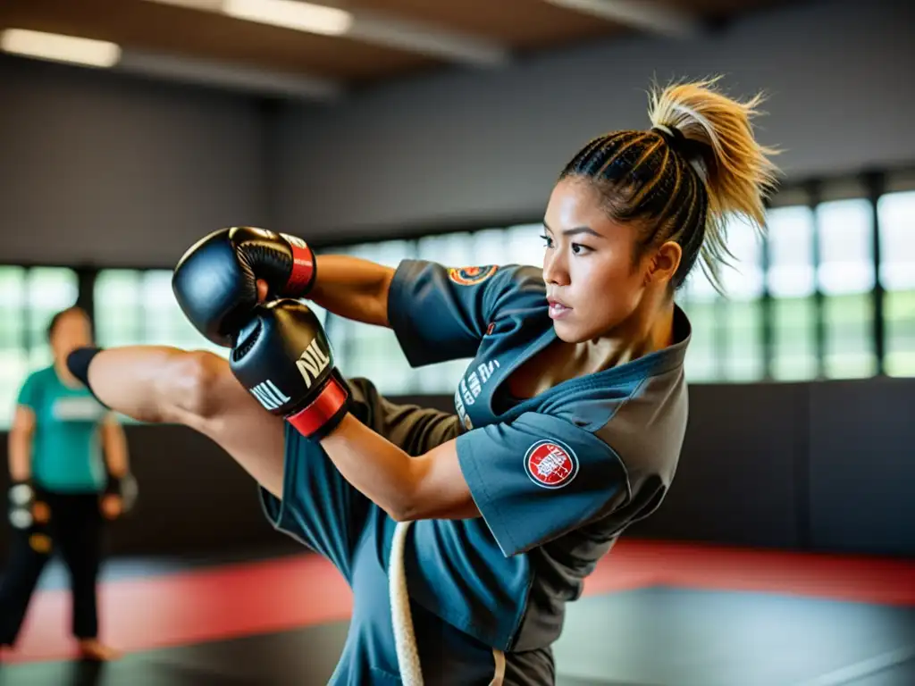 Grupo diverso de mujeres en artes marciales mixtas, mostrando determinación, destreza y empoderamiento en un centro de entrenamiento profesional